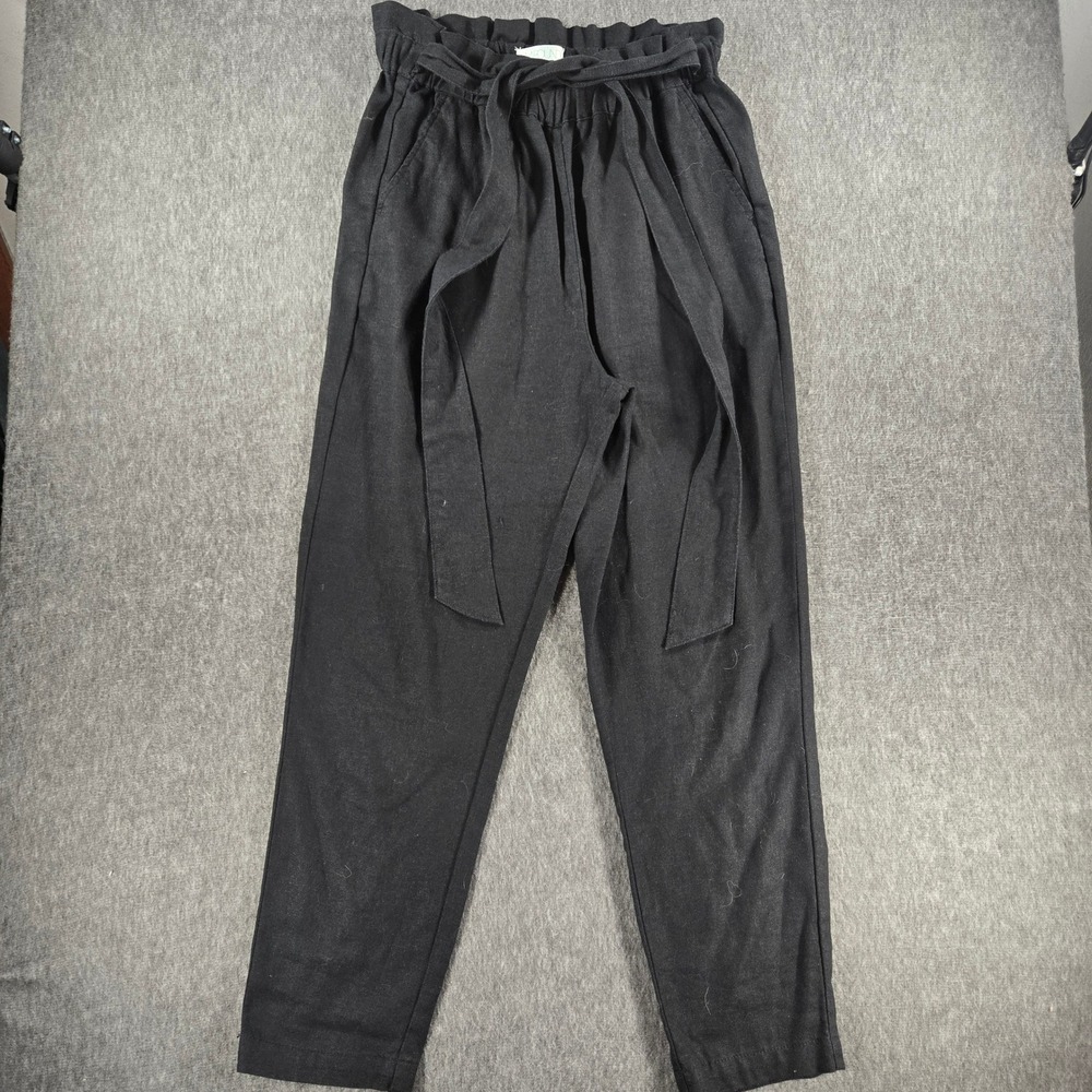 Abound Paperbag Waist Pants Womens XS Black Linen Blend Tie Belt Tapered Leg